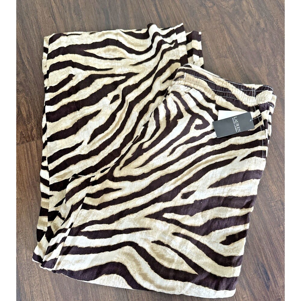 Lauren Ralph Lauren Women's Zebra-Print Linen Wide-Leg Pants Cream Brown XXL - Picture 7 of 13